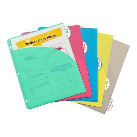 C-Line Products 5Tab Poly Binder Index Dividers with Slant Pockets, Assorted, 5ST Set of 12 ST, 60PK 05750-BX
